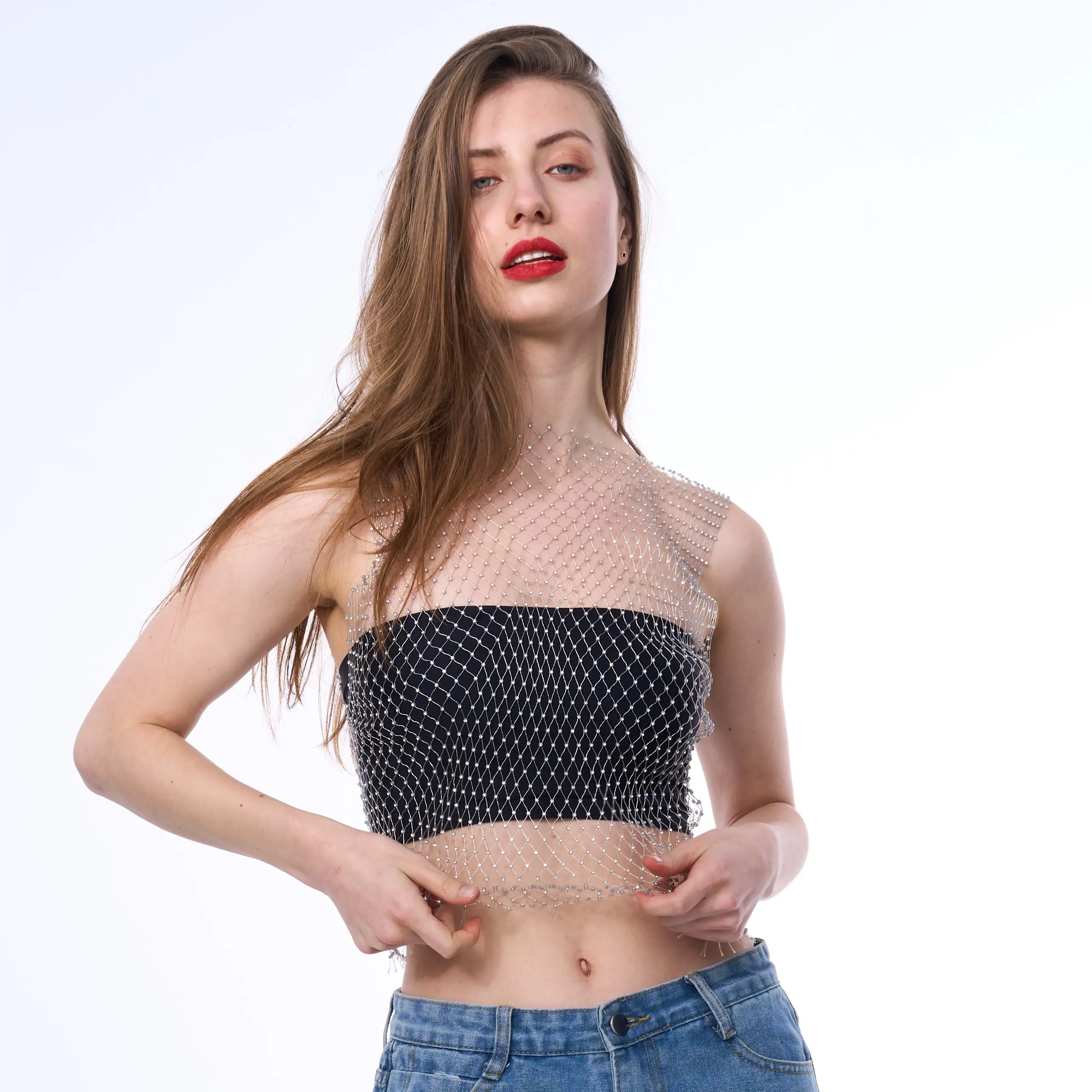 HEBE khaki Fishnet Tank Top 2025 Spring New Womenswear Rhinestone