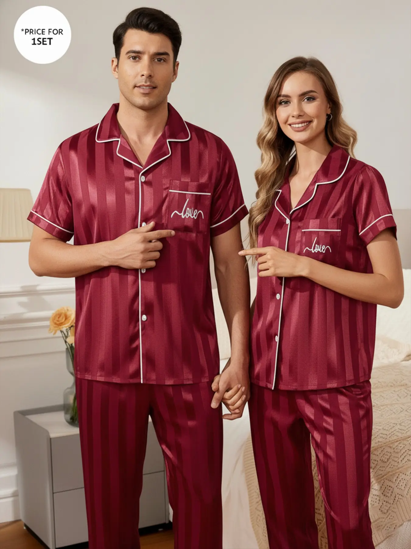 Couple Matching Summer Short Sleeve Long Pants Set, Ice Silk Thin Casual Two-Piece Pajama Set, New Style Sleepwear for Men and Women, Lady Clothes