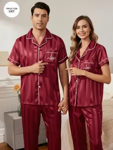 Couple Summer Short Sleeve Long Pants Set, Ice Silk Thin Casual Two-Piece Pajama Set, New Style Sleepwear for Men and Women, Lady