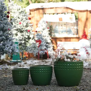 ARCH Handmade Ceramic Planter Set of 3, 15/12/9 Inch Diameter, Green Diamond Pattern, for Orchids & Succulents Indoor/Outdoor Use on Windowsill & Bookshelf, Breathable Clay