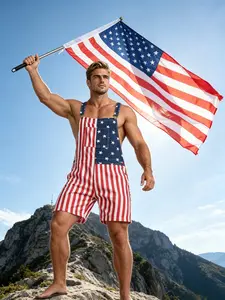 American Flag Overalls Men and Women Stretch Denim Bib Shorts USA 4th of July Outfit with Zipper, Menswear, Womenswear