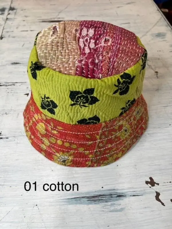 Handmade Robin Reversible Silk-Cotton Kantha Bucket Hat - Unisex Fit, Boho Chic Hats, Bold Multi-Colored Embroidered Design, Upcycled Sari Casual Wear, Hand Wash Only, Hand Made