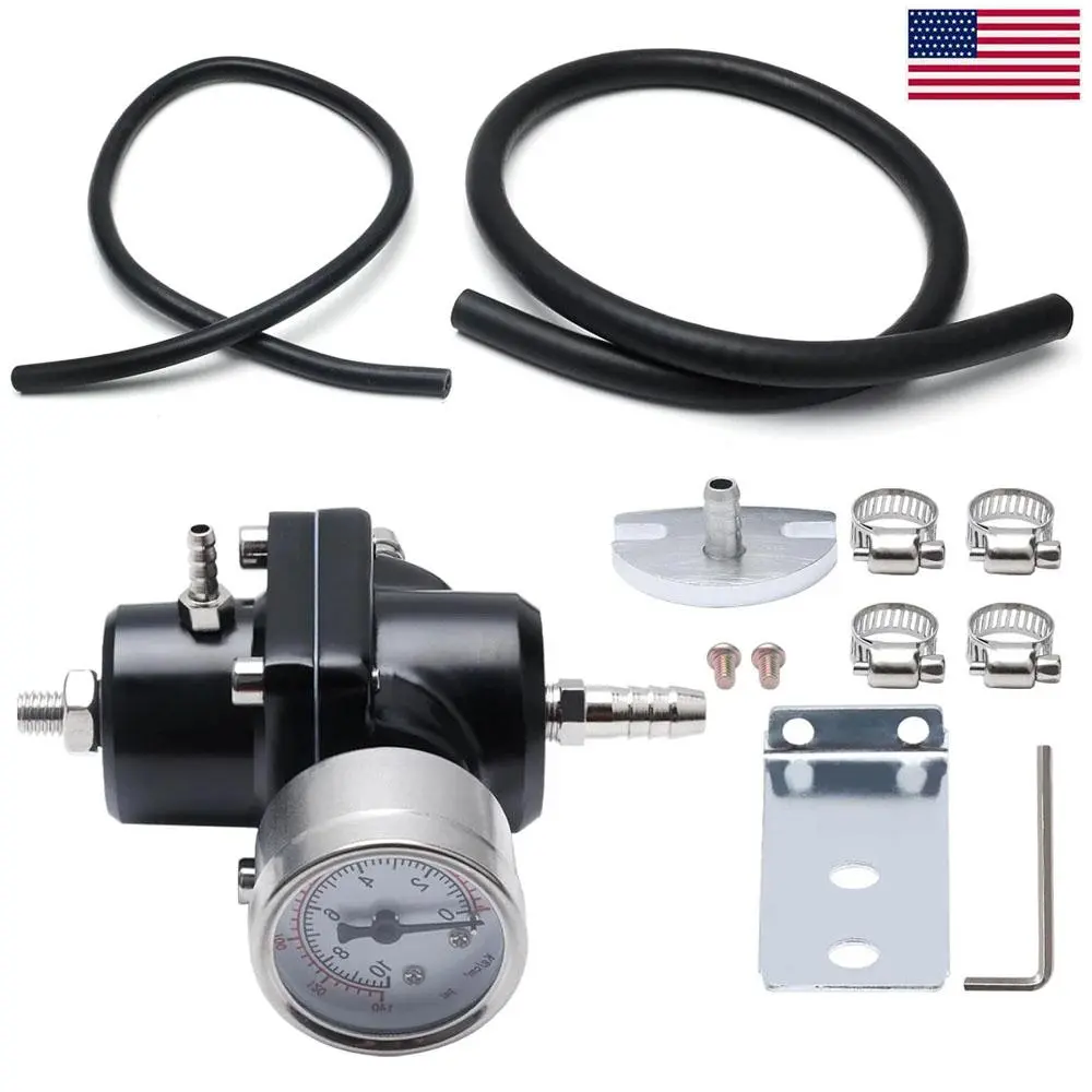 0-140PSI Fuel Pressure Regulator Kit, Universal Adjustable Black Aluminum, Gauge + Hose + Fittings Included, Easy DIY Installation for Car Performance Enhancement