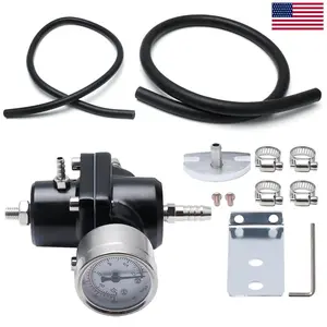 0-140PSI Fuel Pressure Regulator Kit, Universal Adjustable Black Aluminum, Gauge + Hose + Fittings Included, Easy DIY Installation for Car Performance Enhancement