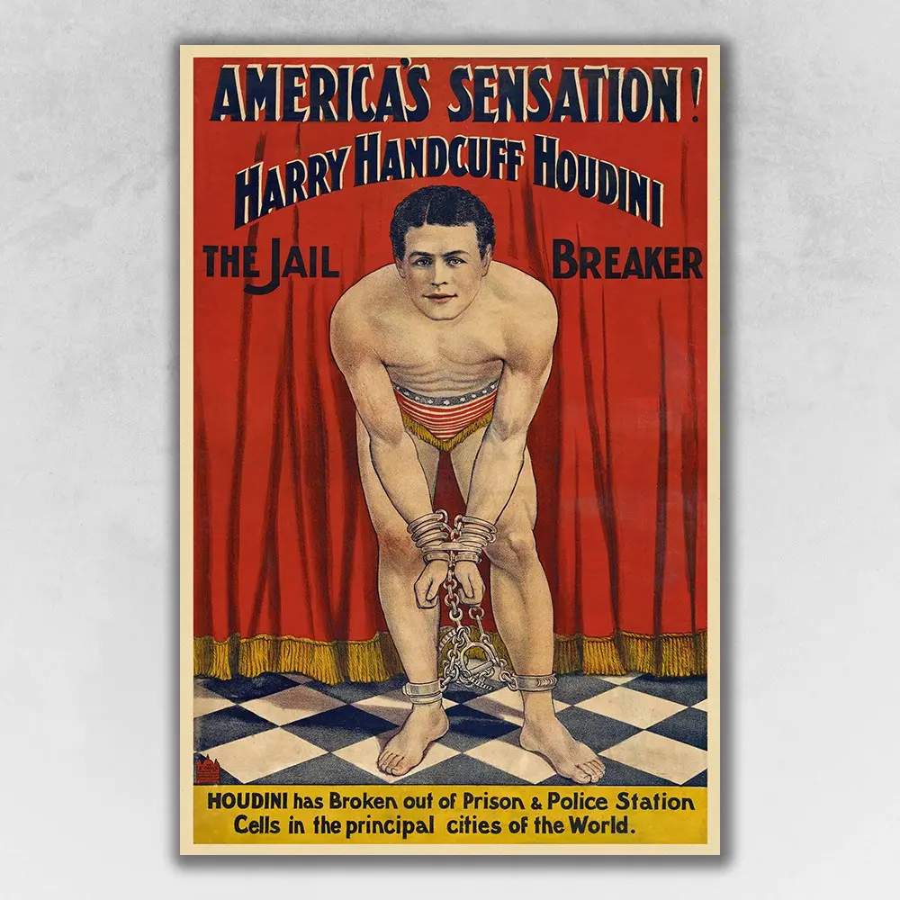 360 Stand Houdini Vintage Magic Poster Print - 9x12 in. Matte Paper, Ready to Frame, Multi-Color Home Decor Wall Art for Room Photo Display, Decoration, Artistic, 9 X 12 In