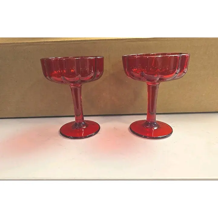 13102 Set Of 2 Clear Red Champaine Coupe Glasses Sherbert, Dessert Long Stem New