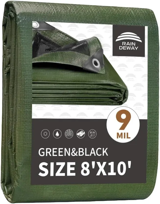 RAINDEWAY 8x10 Waterproof Tarp – 9 Mil Heavy Duty Poly Tarp with Reinforced Edges & Grommets