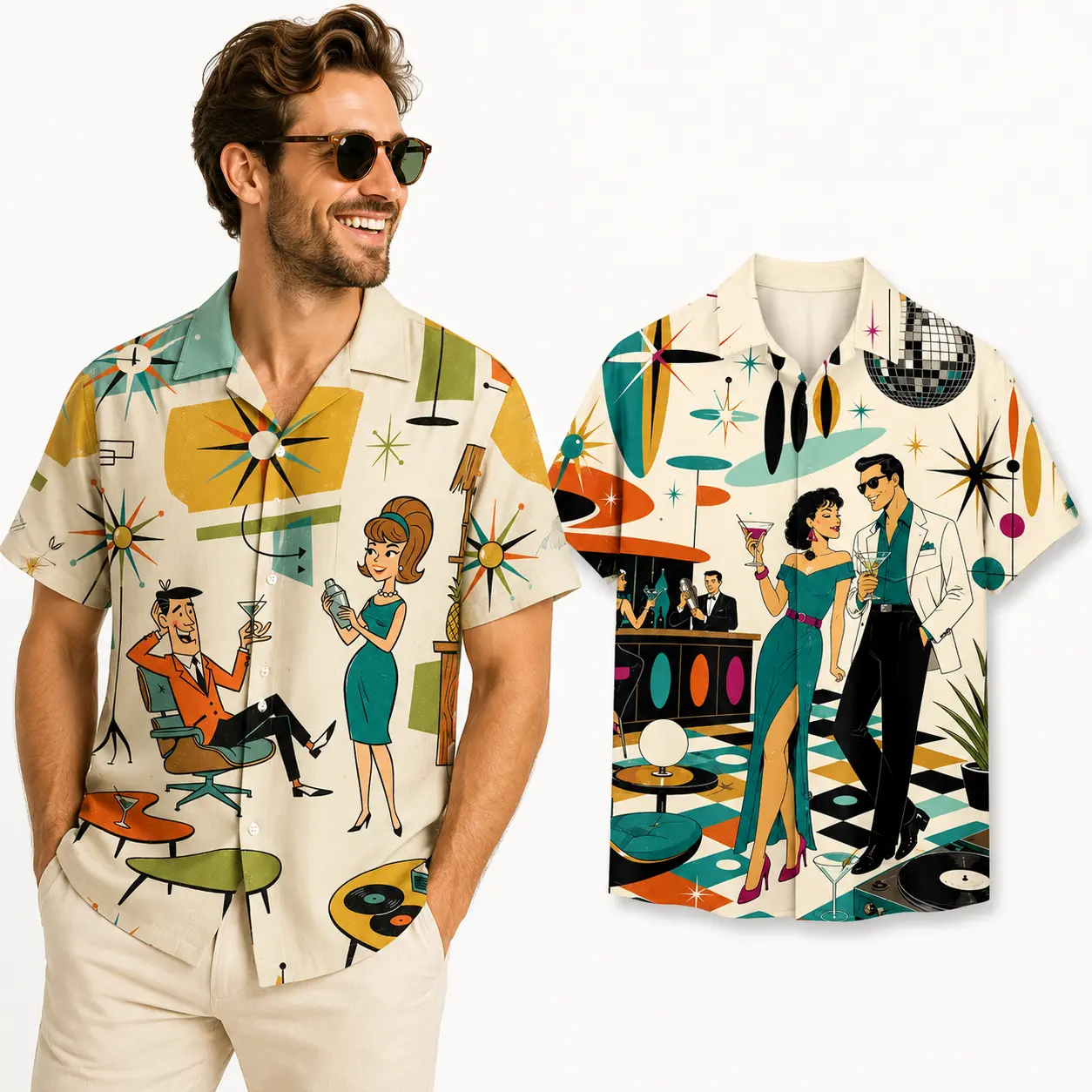 Royaura Big & Tall Men Vintage Mid-Century Atomic Age Starburst Shirt, Retro 50s Mad Men Cocktail Disco Bar Cartoon Couple Illustration Print Short Sleeve Button Down Hawaiian Vacation Party Shirt Casual Menswear Tops