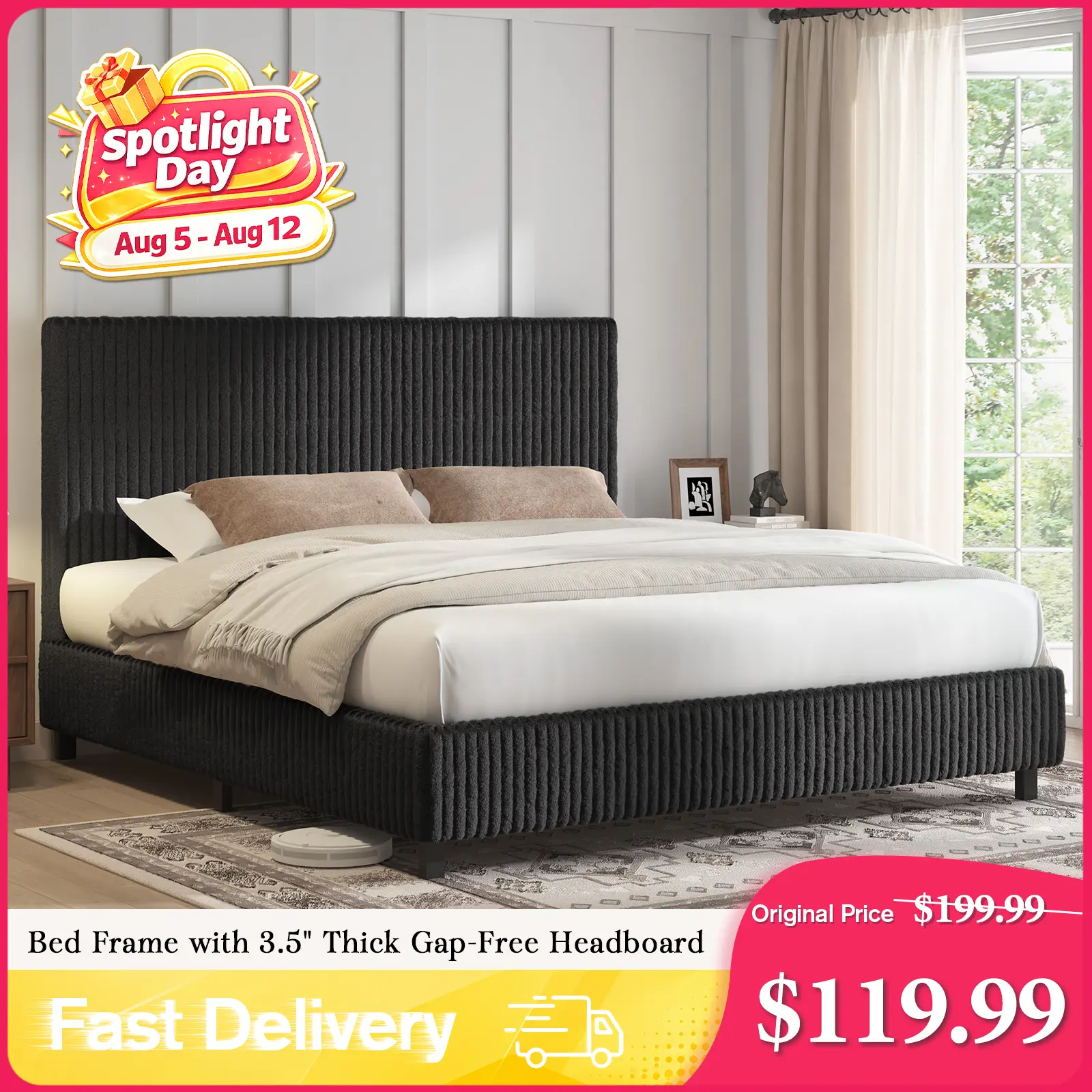 AMERLIFE Upholstered Bed Frame, Corduroy Platform Bed with 3.5" Thick Gap-Free Headboard, Fully Padded, Metal Frame with Strong Slats, No Box Spring Needed[tiktokshopbacktoschool][SohoChic]