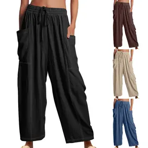 Jovenpara Women Cotton Barrel Wide Leg Pants High Waist Drawstring with Pockets Baggy Casual Loose Contrast Cargo Trousers