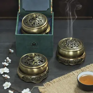 Vintage Metal Incense Burners: Ornate Dragon & Phoenix Carvings with Stone Base – Compact Desktop Decor Set in Gift Box for Home & Office Fragrance