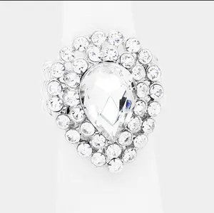 Baby Cardi - clear silver teardrop stretch rhinestone ring