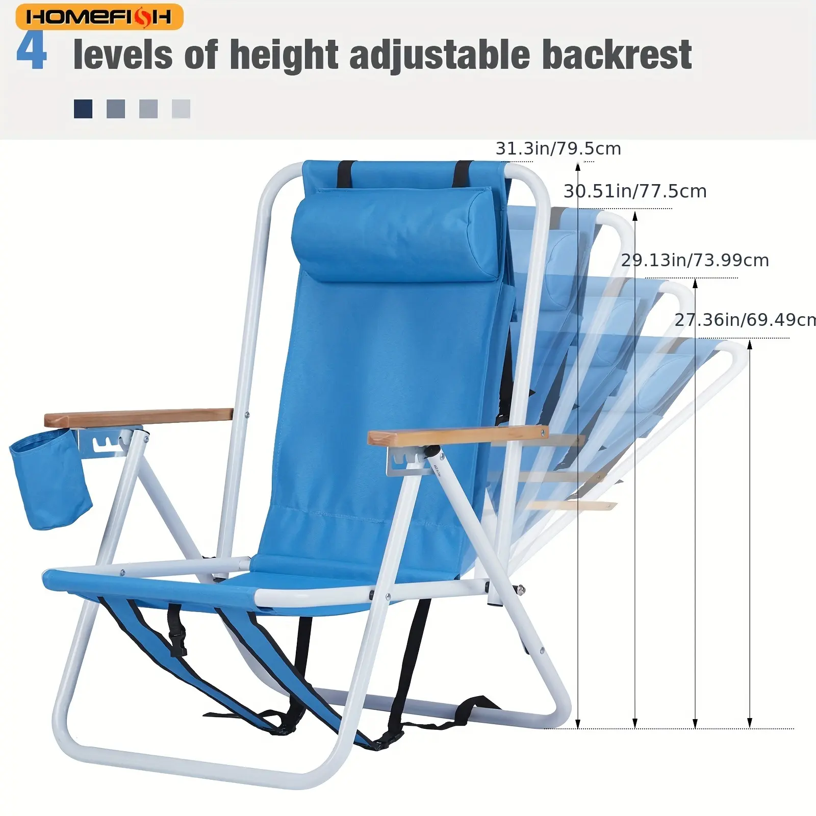 Set of 2 Backpack Beach Chairs, 4-Position Folding Steel Frame Lounger for Adults with Wooden Armrests, Headrest, and Cup Holder, Beach Chair, Folding Chairs