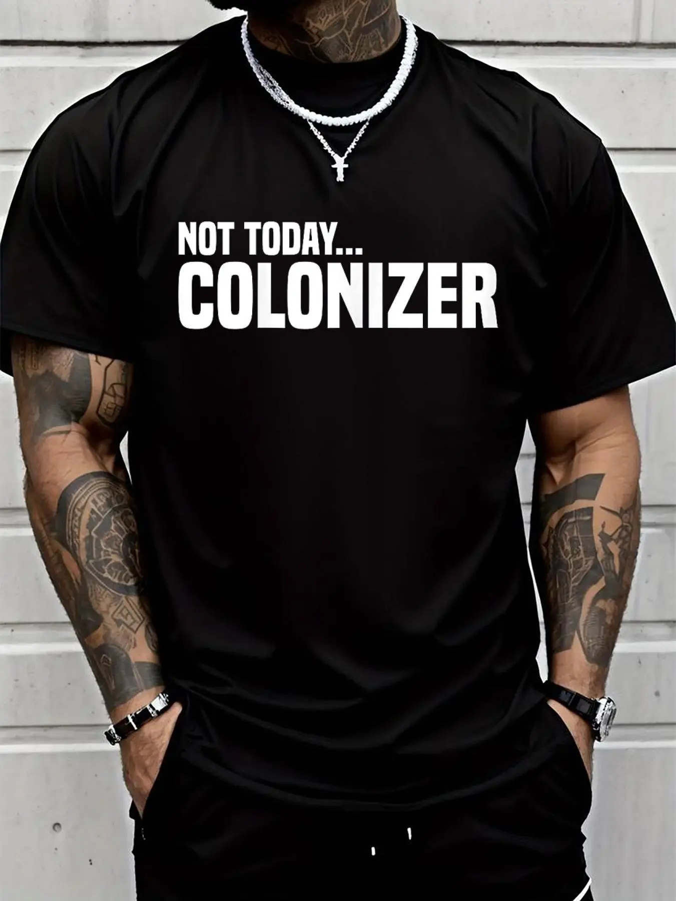 100% cotton Not Today Colonizer Native American Indigenous T-Shirt Printed T-shirt, Short-sleeved Crew Neck Casual Top, Suitable For All Seasons, Men's Wear