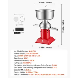 fathersdaygift VEVOR Electric Milk Cream Separator, 60L/H Output 10500RPM Milk Cream Centrifugal Separator, 304 Stainless Steel Goat Cow Milk Skimmer Separating Machine with 4.5L Bowl Capacity (40W, 100-240V)