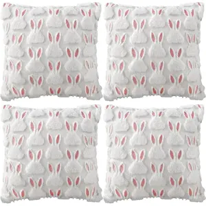 4 Pack 20 x 20 Inch Easter Pillow Covers, Home Easter Decorations Throw Pillows Set White Rabbit Soft Plush Faux Fur Jacquard Cushion Cases for Farmhouse Bedroom Sofa Holiday Decor