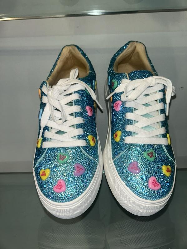 Bestey Johnson Glitter Heart Decorated Blue Sneakers with White Laces and Soles