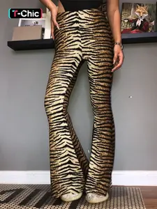Women's Leopard Print High Waist Knitted Flare Leg Pants, Street Style Bell Bottom Trousers For Party Club, Ladies Bottoms For All Seasons Womenswear
