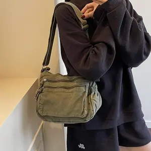Washed Canvas Crossbody Bag - Unisex, Multi-Pocket, Large-Capacity, Adjustable-Strap Casual Hobo Bag for School, Travel