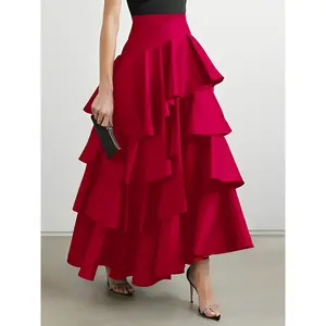 Elegant High-Waist A-Line Skirt for Women - Chic Brown Polyester Cake Skirt with Layered Ruffles, Asymmetrical Hem, Machine Washable