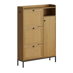 Shoe Cabinet with Handwoven Rattan Panels, 3 Flip Compartments and Adjustable Shelves, Narrow Wood Organizer for Entryway and Apartment Storage
