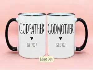 Godmother Godfather Coffee Mug Set Est Year #1, New Baby Reveal Idea, Godfather Cups, Godmother Mug, New Godparent Gift Ideas, Godparent Mug