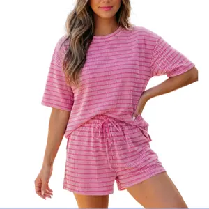 Asvivid Women Stripe Raised Rib Loose Tee Drawstring Elastic Waist 2pcs Short Set