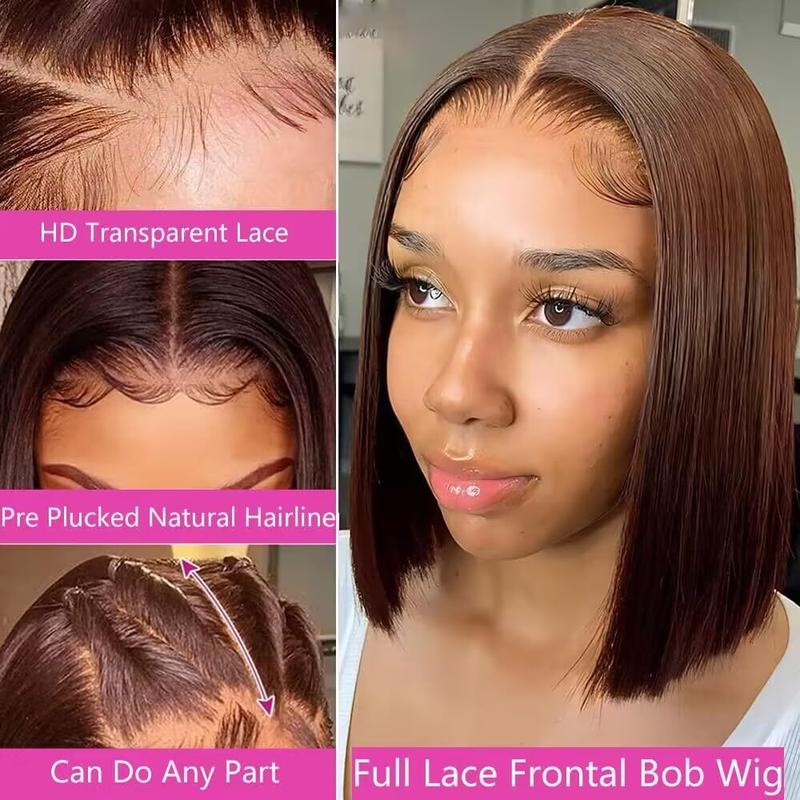 200% Density Brown Bob Wig Human Hair 13x4 HD Lace Frontal Short Straight Lace Front Bob Wigs For Black Women Chocolate Brown Human Hair Wig Pre Plucked Glueless Side Part Chocolate Brown Wig 10 Inch