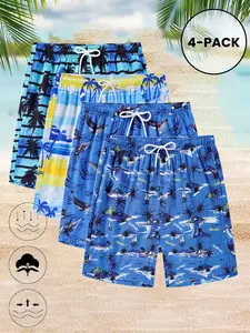 Men's 4-Pack Quick Dry Swim Trunks, Hawaiian Beach Board Shorts with Drawstring, Breathable Summer Swimwear for Vacation
