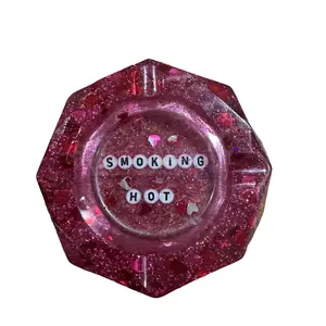 Handmade Resin Magenta Hexagon Ashtray with Diamond Cut Edge, Glittery Magenta & Red, Fully Customizable, Durable Design, 4" x 4" - Lighter, Accessory