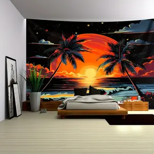 1 piece of dusk wave coconut tree tapestry, large size hanging cloth, home decoration background cloth, for living room and dormitory, installation-free