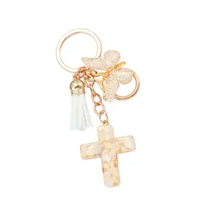 Elegant Resins Crosses Butterfly Keychain with Tassels Christian Accessories