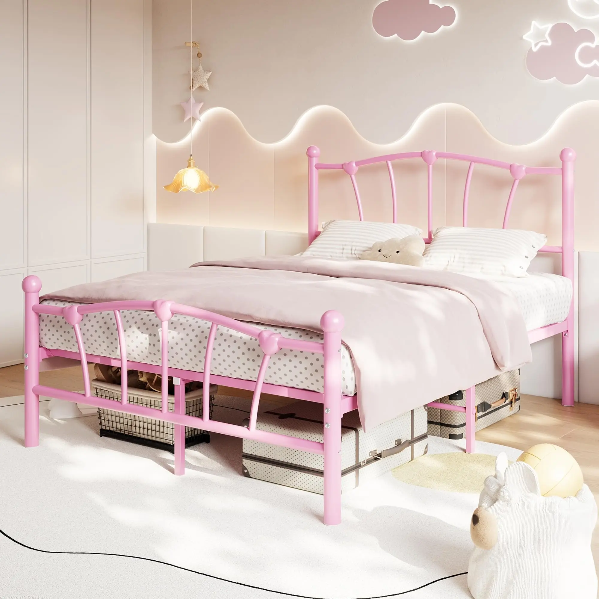 Garvee Full Size Metal Bed Frame in Pink with Heart-Shaped Headboard and Footboard, Heavy-Duty Platform Design, No Box Spring Needed, Noise-Free and Easy Assembly