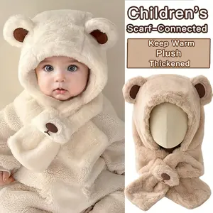 1pc Girls' Plush Bear Hat & Scarf - Thickened Winter Hat with Bear Ears, Soft Plush Bear Face & Paw Design, Warm /Brown// Fur Coat for Cold Weather, & Brown Animal Print, Cozy Winter Clothes for Kids (Hand Washable)
