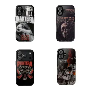 Grunge Aesthetic Heavy Duty Tough Phone Case, Shockproof Drop Protection, Black and White Pantera Band Logo Design for iPhone 11 12 13 14 15 16 17 Pro Max Plus