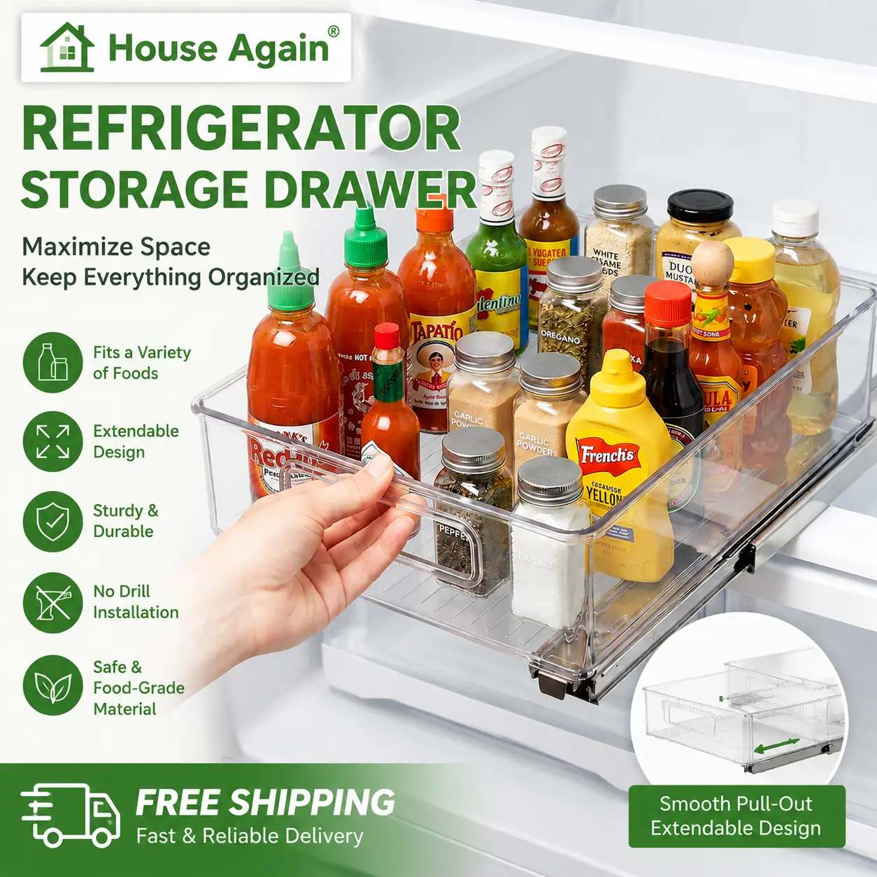 Pull Out Refrigerator Organizer Drawers, Clear Fridge Storage Bins with Handles, Sliding Drawer Shelf Organizer for Fruit, Vegetables, Drinks & Snacks, Space Saving Kitchen Organization