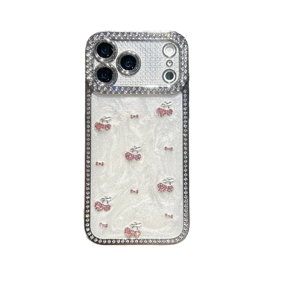iP17ProMax/Air Phone Case 16/15/14/13 Pink Cherry Diamond Electroplated Diamond HD Lens Film Anti-Scratch Shockproof Anti-Drop Anti-Fingerprint Smartphone Protective Cover