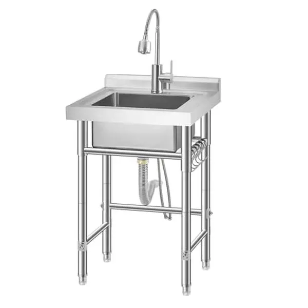 Stainless Steel Rectangular Utility Sink with Faucet - Freestanding Commercial Laundry Tub, Adjustable Legs, Hot/Cold Pipes, S-Hooks, Solid Metal - Farmhouse Home Decor Indoor Prep Sink