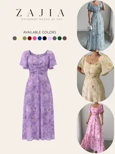 Women's Slim Fit Floral Dress, Lotus Leaf Sleeves Design, Inner Temperament Style, Perfect for Summer Wear, Casual Wear, Cross Border Foreign Trade, Womenswear