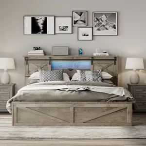 Farmhouse Bed Frame King Size with Bookcase Storage Headboard, Charging Station and LED Lights, Wooden King Platform Bed Frame with 2 Drawers, Barn Door Design, No Box Spring Needed (Grey, King)