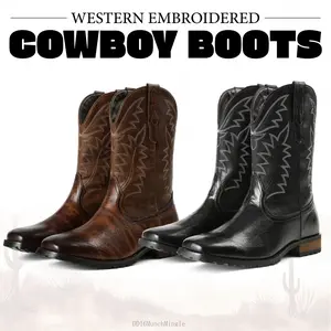Boots for Men - Western Boots Men's Retro Classic Cowboy Boots with Square Toe - Pull on Embroidered Mid Calf Boots Old Western Country Walking Fall Winter BootsDD16MunchMingle