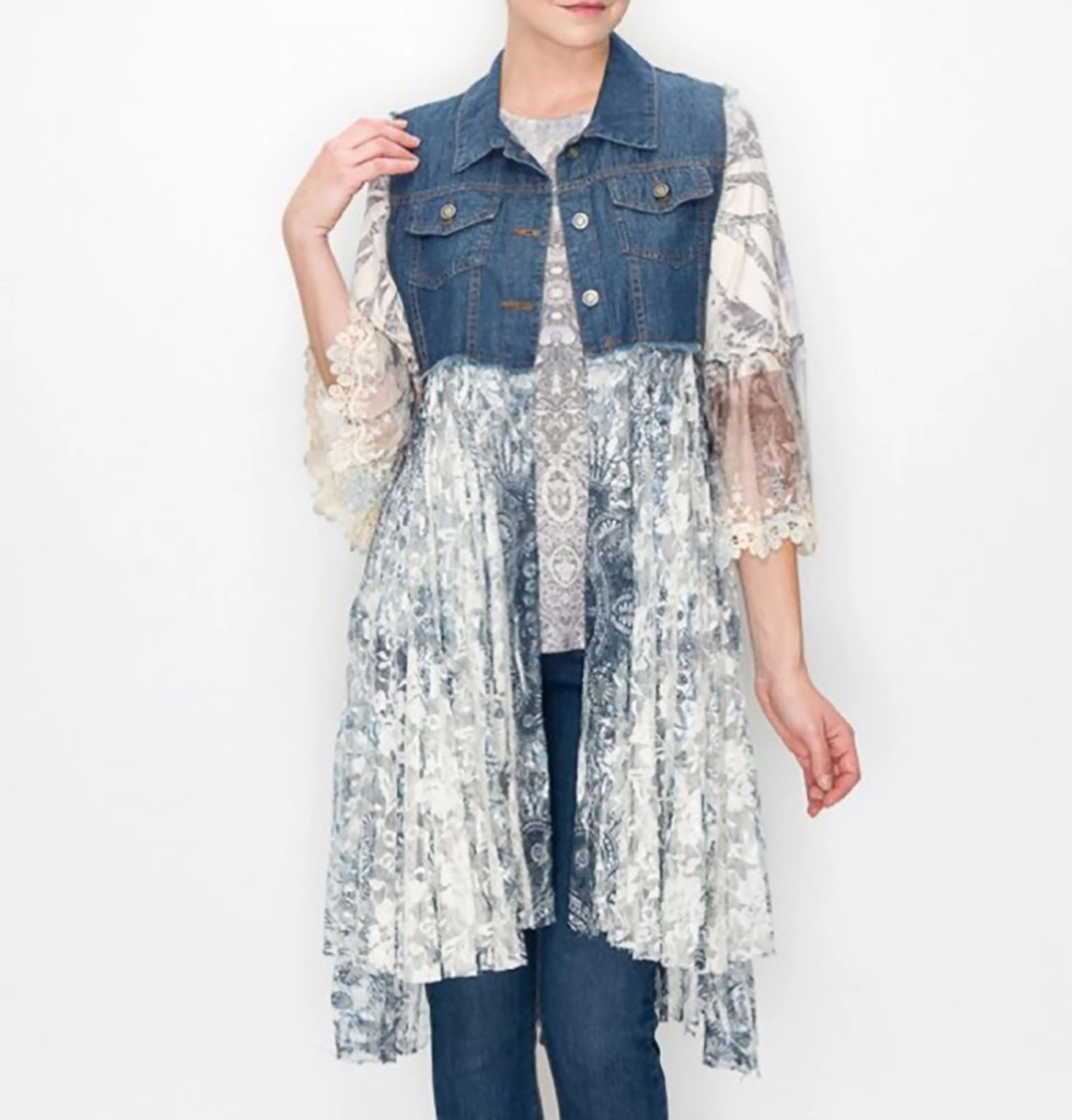 Women's Lightweight Feminine Blue Denim-Lace Vest with Lace Duster - Multi-Layered Structured Tops for Western OOTD, Med Grey Casual Everyday Outfits, Feminine Detail, Rugged Western Edge, 70S Bohemian Women's Vests