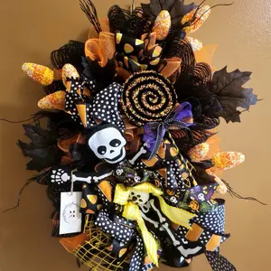 Skeleton Wreath for Front Door Decor - Halloween Corn Candy Design Spooky Decoration