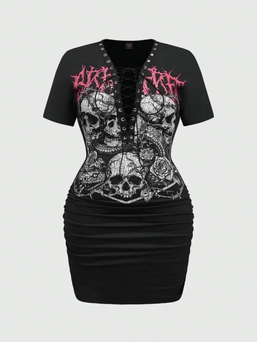 ELIEEN Grunge Punk Spring/Summer Plus Size Punk Skull Gothic Snake Print Metal Lace-Up Sexy Deep V Bodycon Ruched Plus Size Dress, For Summer