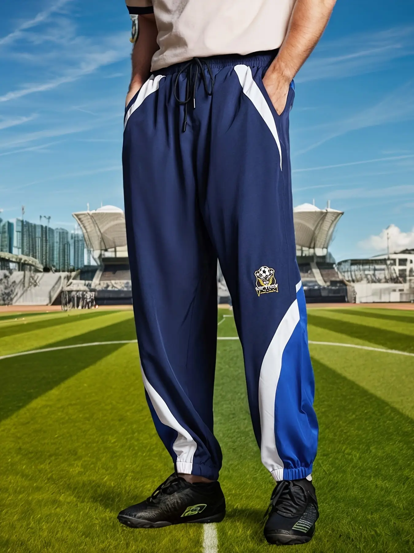 Men's Navy Colorblock Soccer Joggers, Elastic Waist Drawstring Long Pants, Casual Streetwear for Sports and Daily Use
