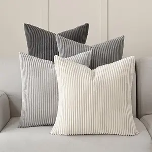 Set of 4 Neutral Grey Corduroy Decorative Couch Throw Pillow Covers 18x18 Inch, Western Modern Farmhouse Striped Cushion Cases, Soft Boho Square Accent Pillow Covers for  Sofa