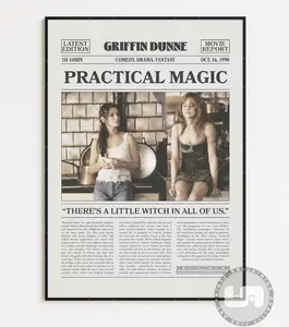 Practical Magic Movie Poster, Witchy Vintage Wall Art, Cozy Fall Decor, 90s Retro Newspaper Style Print for Her
