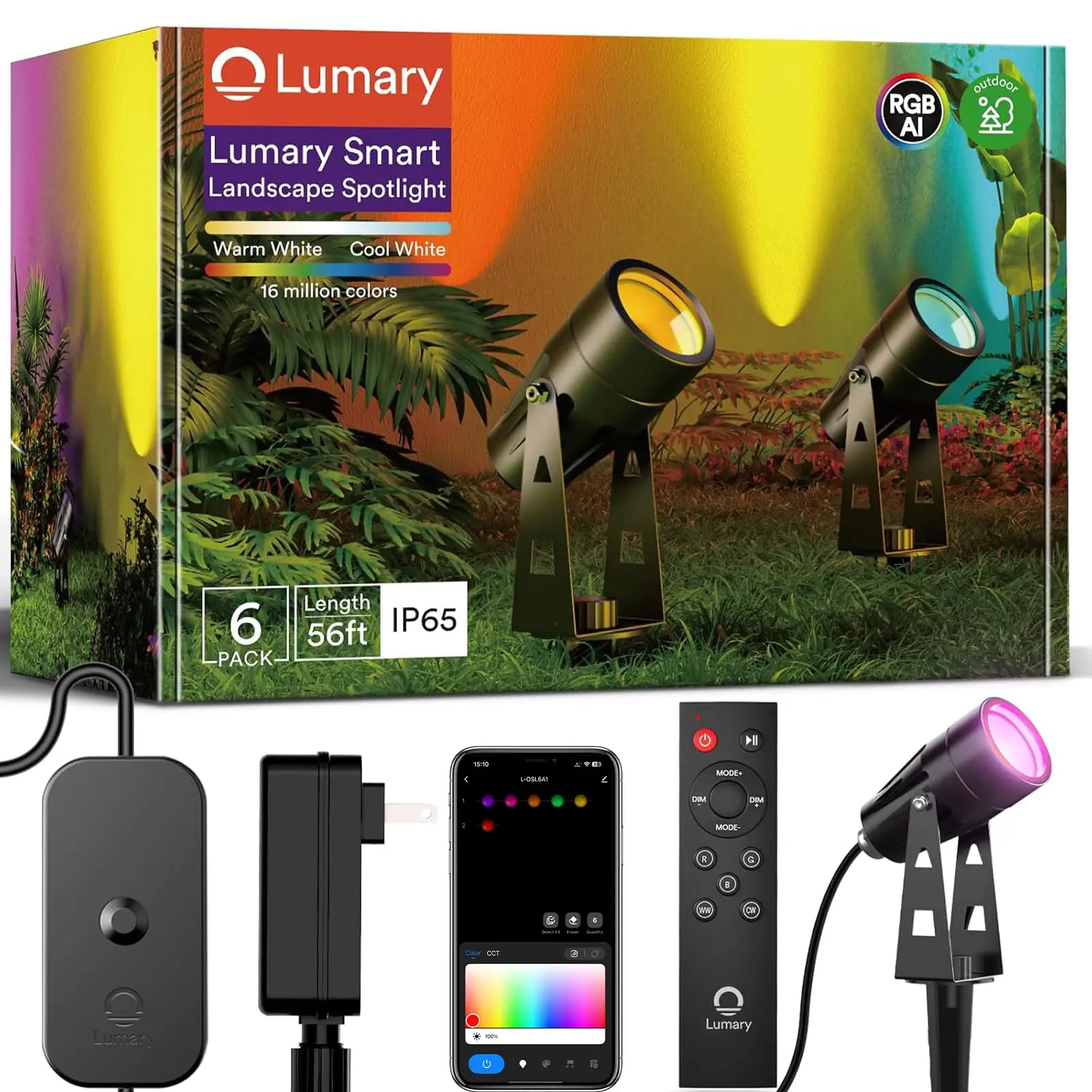 Lumary 56Ft Smart Landscape Lights Waterproof 6 Pack Low Voltage, RGBAIWW Color Changing Spotlight Outdoor Lights for Christmas Decorations, WiFi APP/