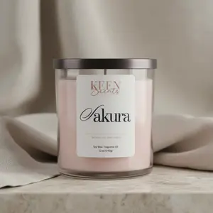 Keen Scents Sakura Scented Candle - 12 oz Hand-Poured Soy Wax Candle with Cherry Blossom Magnolia & Rose Fragrance - Eco-Friendly & Phthalate Free - 30-40 Hour Burn Time