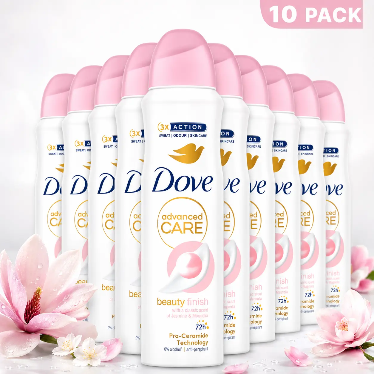 Dove Advanced Care Deodorant Spray, 72H Anti-Perspirant with Pro-Ceramide for Smooth & Sensitive Skin, Beauty Finish Scented, 10 Pack (5oz)